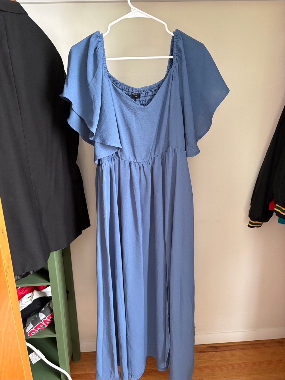 Blue Flutter-Sleeve Midi Dress